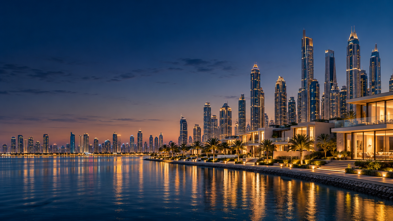 Luxury waterfront residences and Dubai-inspired skyline at blue hour
